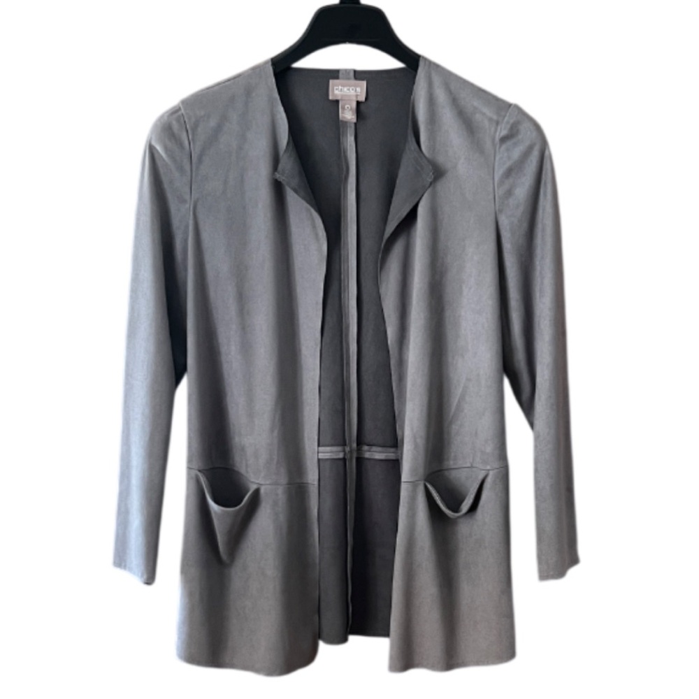 Chicos Faux Suede Gray Open Front Jacket Chicos Size 0 (US size 4, small).